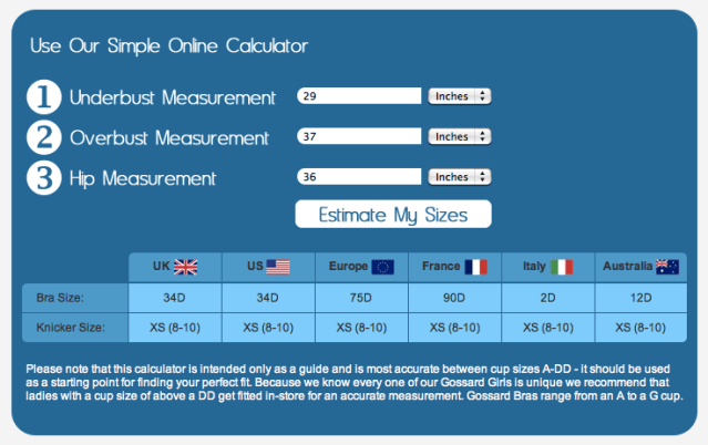 Gossard Bra Size Calculator